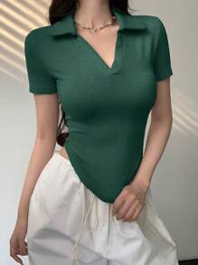 DAZY Women's White Shoulder Polo Short Sleeve T-Shirt, New Arrival Spring/Summer - Green - View 4