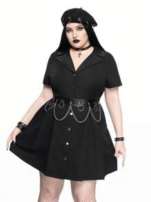 ROMWE Goth Vestito fasciato con stile college gotico vintage, collo in PU, bottoni in metallo, taglio linea A, per taglie forti