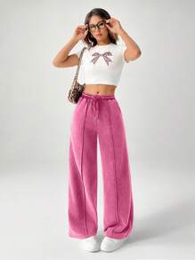 SHEIN PETITE Snow-Washed Women's Drawstring Wide Leg Sweatpants Baggy - Hot Pink - View 4