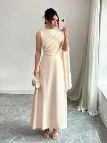Rafferiza Elegant Solid Color Asymmetric Neck Dress - Apricot - View 1