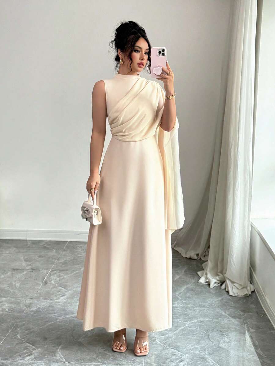 Rafferiza Elegant Solid Color Asymmetric Neck Dress - Apricot - View 1