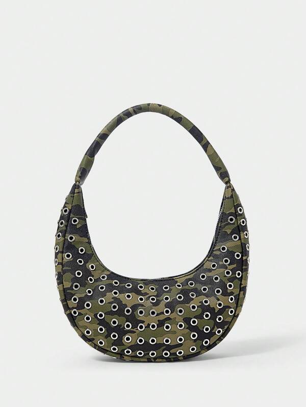 SHECARRY Bolso de hombro para mujer, de PU, universal para todas las estaciones, para cena/citas/fiesta/escuela/viaje/commute/bolsa de compras, estilo steampunk, tipo hobo, portátil, con decoración metálica, ligero, impermeable, camuflaje