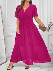 Celure Elegantes Kurzarm-Kleid in Große Größen mit weitem Saum, Rüschendekor und Spitzenrand. Lose sitzend für Urlaub oder Arbeit, V-Ausschnitt Maxi Damen Outfit