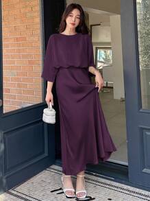 女士优雅通勤纯色蝙蝠袖长连衣裙 女士休闲连衣裙 生日女士生日服装 女士工作夏季连衣裙 - 紫色 - 查看 6