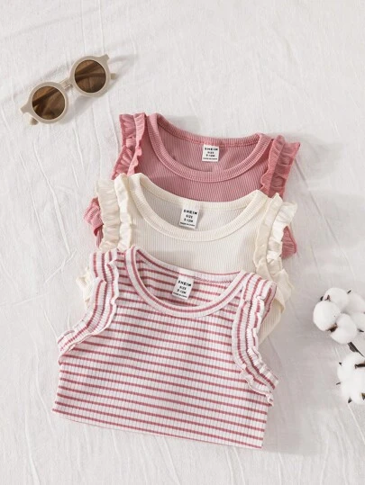 SHEIN Vintaside Kids 3pcs Baby Girl Summer Simple Versatile Sweet Cute Soft Elastic Casual Set, Including Solid Color & Striped Tank Top/Vest, Suitable For Home, Vacation, Daily Wear