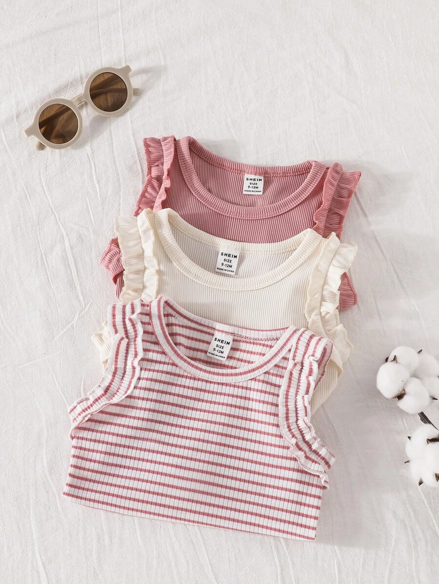 SHEIN Vintaside Kids 3 件套女婴夏季简约百搭甜美可爱柔软弹力休闲套装,包括纯色和条纹背心/马甲,适合居家、度假、日常穿着 - 彩色 - 查看 1