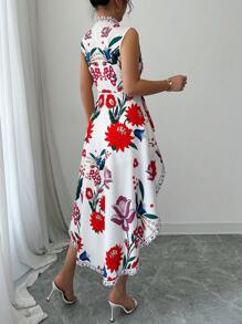 Elenzga 女式立领优雅无袖花卉印花衬衫式连衣裙，腰部收紧设计 - 白色 - 查看 2
