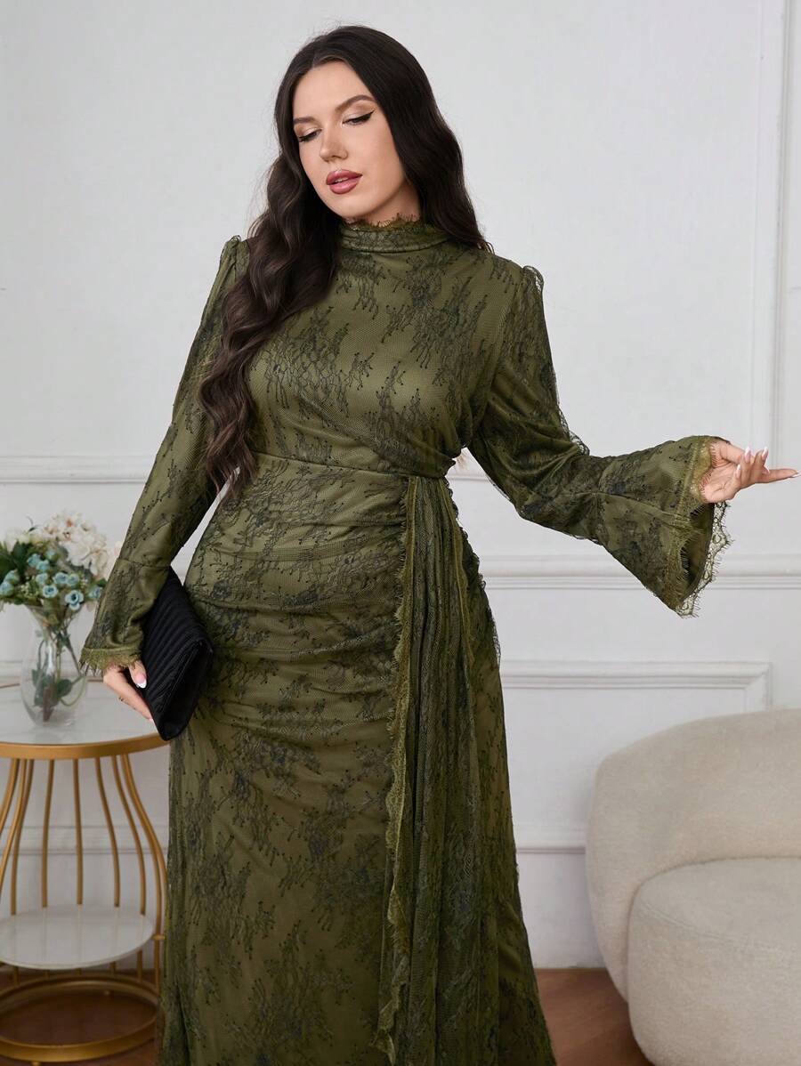 Graceveil 大码女式蕾丝喇叭袖针织优雅端庄华丽阿拉伯连衣裙 - 墨綠色 - 查看 1