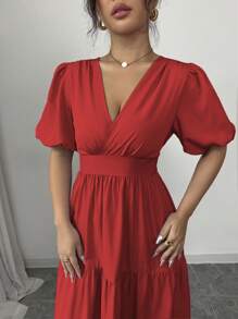 Rafferiza Vestido midi elegante y casual de cuello en V, tableado, con mangas abullonadas para vacaciones, color morado, nuevo para primavera/verano - Rojo - Ver 3