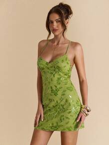 SHEIN BAE Đầm xòe đính hạt sequin hở lưng gợi cảm màu xanh lá cây trơn, Đầm ngắn hở lưng thanh lịch, Thích hợp đi biển, đi nghỉ, mùa hè - màu xanh lá - Xem 7