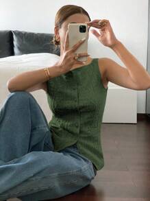 Siren Gaze Women Summer Casual Solid Color Textured Button-Up Front Tank Top Green Christmas - Green - View 3