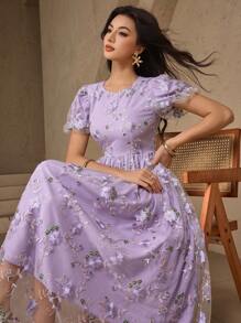 DAZY 女士刺绣全身泡泡袖连衣裙，女士夏季长裙，毕业礼服