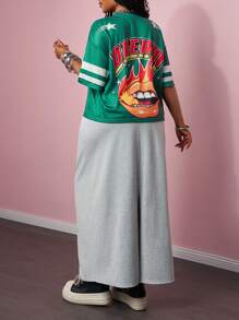 Slaydiva 2025 New Spring/Summer Casual Streetwear Sports Competition Outfit - Green Stripe Print Letter Slogan Logo Top Tee & Grey Long Skirt, 2 Pieces Plus Size Set - Multicolor - View 3