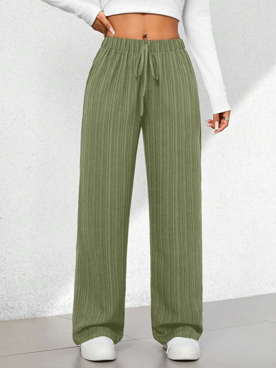 SHEIN PETITE 夏季休闲纹理阔腿七分裤 - 綠色 - 查看 1
