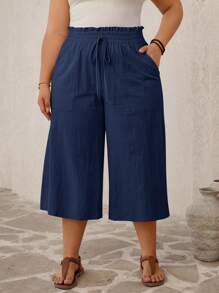 SHEIN VCAY سراويل فضفاضة ذات خصر عالي بلون سادة لقياسات كبيرة، ملابس استرخاء للأجازات