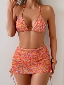 Swim Vcay 3pcs Women Leopard Print Halter Triangle Bra, Mesh Mini Skirt With Side Tie Bikini Set For Summer Beach Vacation