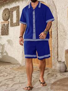 ResortEase Plus Size Men Shirt And Shorts Fashion Set, Suitable For Summer - Blue - View 3