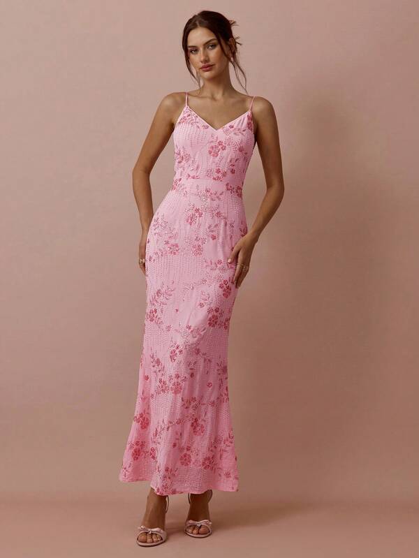 Enchnt Women's Soft Pink Floral Elegant Summer Wedding Ninang Sparkle Flower Sequin Beaded Embroidered V-Neck Suspender Maxi Dress,Sweet&Modest Party Outfits