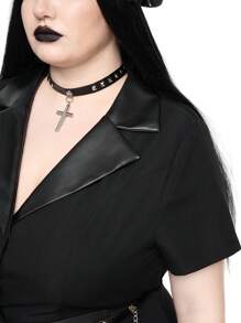 ROMWE Goth Vestito fasciato con stile college gotico vintage, collo in PU, bottoni in metallo, taglio linea A, per taglie forti