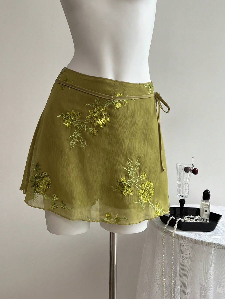 Elamini Summer Jacquard Sequin Wrap Skorts, Stylish - Green - View 1