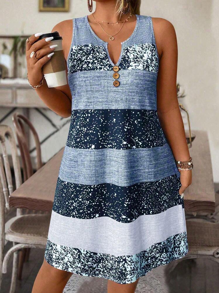 EMERY ROSE Summer Plus Size Sleeveless Casual Daily Wear Button Down  Notched Flowy Midi Dress | SHEIN USA