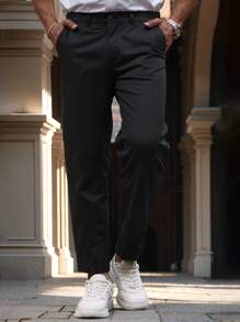 Manfinity Homme Quần âu công sở đơn giản có túi cài nút dành cho nam - màu đen - Xem 3