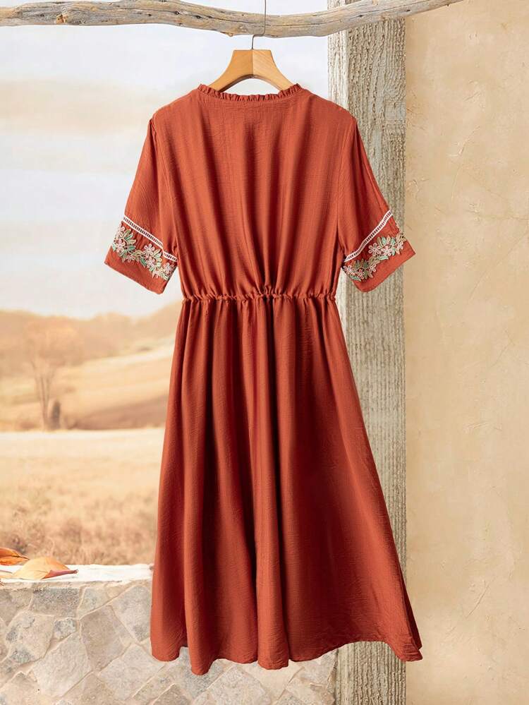 Women's Summer Floral Embroidery V-Neck Casual Short Sleeve Fall Mini Dress