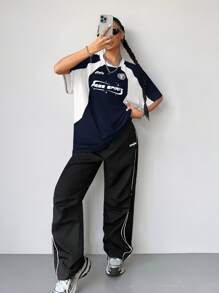 Coolane Women's Summer Streetwear Going Out Round Neck Short Sleeve Blue Jersey T-Shirt - Navy Blue - View 5