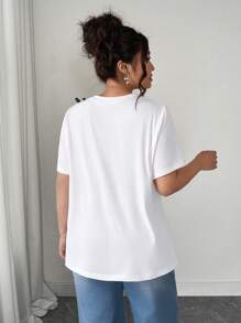 Calvaya Elegant & Casual Bow Decor White Open Side Round Neck Short Sleeve Plus Size T-Shirt, Summer