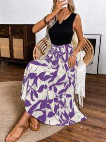 SHEIN Clasi 春夏印花拼接长裙（中长A字无袖针织拼接A字毽子叶子印花连衣裙）度假沙滩装女