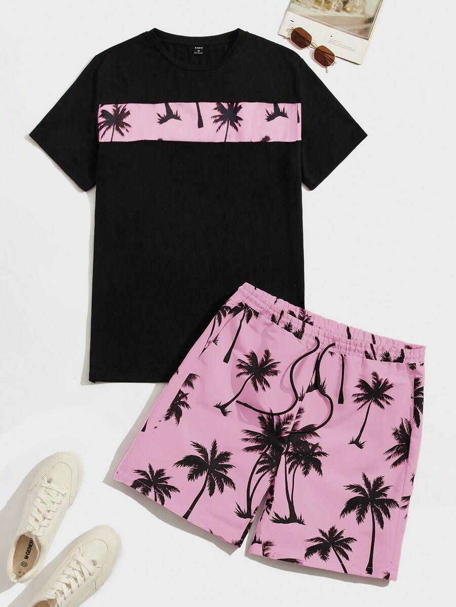 SHEIN Leap Crew Teen Boys Island Coconut Tree Vacation Print Short Sleeve T-Shirt & Shorts Red Outfit, Casual, Comfortable, Fashion, Versatile, Suitable For Daily Wear, School, Travel, Sports, Vacation - Pink - View 1