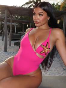 Swim SXY Beach Summer Outfits For Women: Solid Color Sexy Asymmetrical Starfish Accessories Spaghetti Strap Backless One-Piece Swimsuit - Hot Pink - View 4