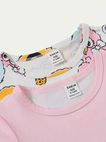 2pcs/Set Baby Girls' Cute Cookie, Rabbit, Bear Print Nightgown Pajama Set, Simplistic & Fashionable - Multicolor - View 6