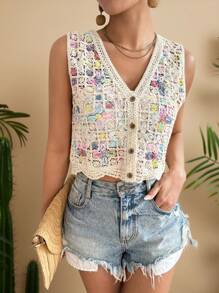 Travachic Ladies' Colorful Hollow Knitted Sleeveless Top For Vacation, Suitable For Holiday, Afternoon Tea, Wedding Season, Beach Cruise Vacation, City Road Trip Vacation, Boho Vacation, Music Festival, Beachwear, Easter, Beach For Woman, Elegant Tops For Women, Vacation Women, Concert Women, Tropical Vacation Woman, Holiday, Bohemian,For Spring Summer And Autumn, Tropical Vacation, Bohemian Outfits, Ibiza Outfits, Western Style - Multicolor - View 5