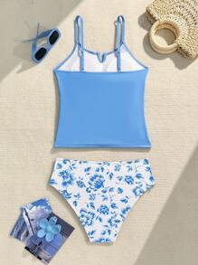 SHEIN 少女假日海滩分体泳衣套装 - 藍色 - 查看 8