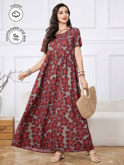 Lacomfia Vestido largo de mujer de manga corta, cuello redondo, estampado floral, holgado, de uso casual para primavera/verano