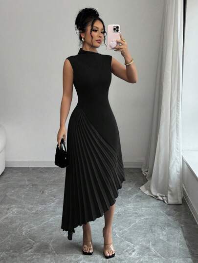 Elenzga Women's Elegant Fashionable Commute Casual Vacation Charming Party Sleeveless Asymmetric Collar Cinched Waist Fitted Uneven Hem Patchwork Solid Color Dress