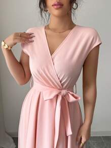 Elenzga Vestido elegante de mujer corte evasé con cuello en V y cintura, color rosa romántico