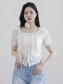 DAZY Square Neck Solid Color Contrast Lace White Short Sleeve Blouse For Women - White - View 4