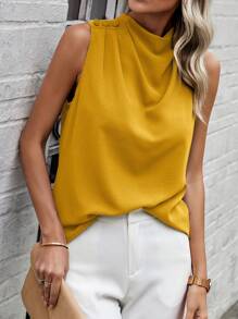 SHEIN Clasi Áo sơ mi xếp ly không tay thanh lịch dành cho nữ, mùa hè - Màu vàng - Xem 5