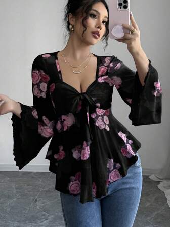 Rafferiza Casual Sexy Vacation French Style Floral Mesh Bowknot Asymmetrical Ruffled Hem Long Sleeve Ibiza Women T-Shirt Fall Cloth For Women