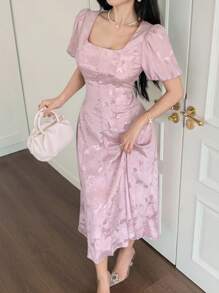 DAZY 夏季新款优雅收腰中长款连衣裙，带阳伞 - 粉色 - 查看 3