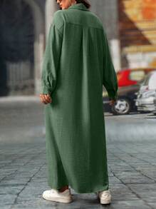 EMERY ROSE Plus Size Women's Solid Color Drop Shoulder Loose Casual Shirt Dress, Spring/Fall Maxi Women Outfit - Army Green - View 2