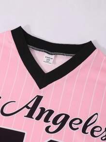 Sparklyn 女童休闲基本款复古运动队条纹 V 领黑色镶边超大插肩袖 T 恤，适合妈妈和姐妹穿着 - 粉色 - 查看 6