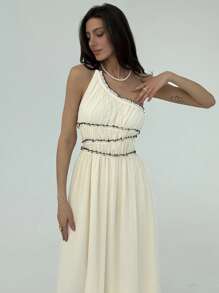 Aloruh Spring Summer Romantic Date Vacation Contrast Color Spaghetti Strap Dress For Women - Apricot - View 7