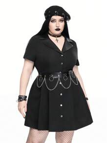 ROMWE Goth Vestito fasciato con stile college gotico vintage, collo in PU, bottoni in metallo, taglio linea A, per taglie forti