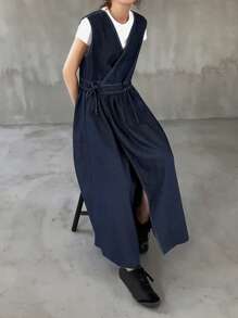 FRIFUL Vestito in jeans casual, scollo a V, vita con coulisse, da donna per l'estate