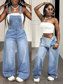 Slaydiva سراويل بيب جينز فضفاضة مغسولة كاجوال للنساء