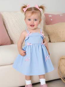 SHEIN Playful Pals Baby Girls Sleeveless Chiffon Dress, Fashion Cute Bowknot Print Sky Blue Summer Sundress
