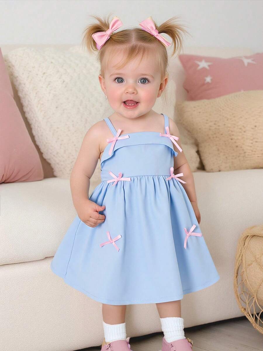 SHEIN Playful Pals Baby Girls Sleeveless Chiffon Dress, Fashion Cute Bowknot Print Sky Blue Summer Sundress